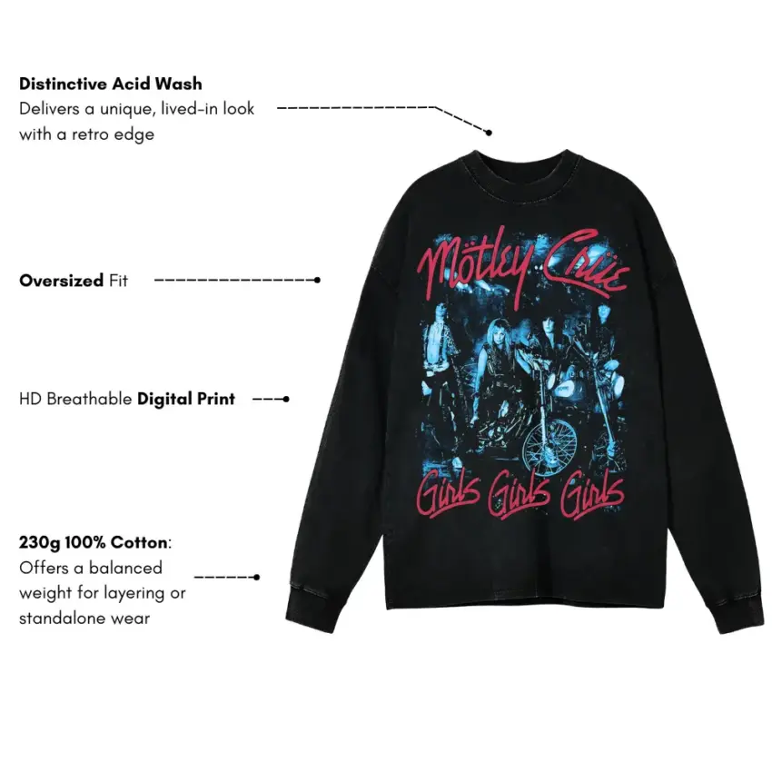 Motley Crue Girls Girls Girls Aicd Wash Oversized Long Sleeve Shirt - Image 5