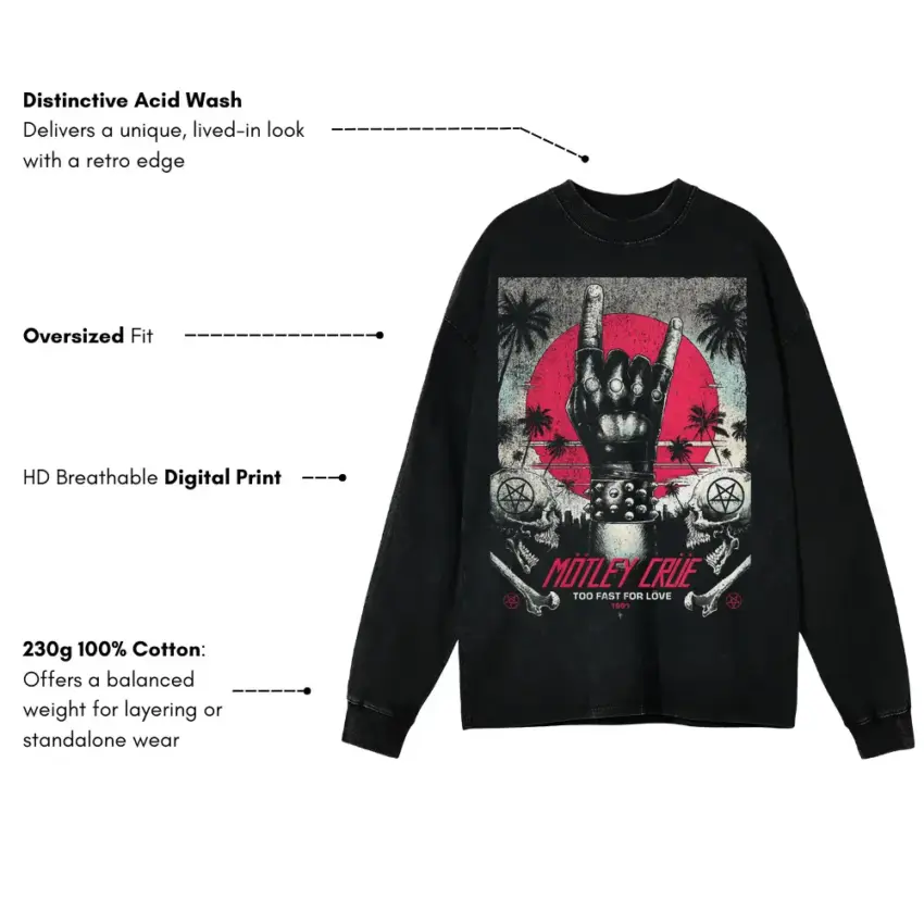 Motley Crue Wild Side Aicd Wash Oversized Long Sleeve Shirt - Image 5
