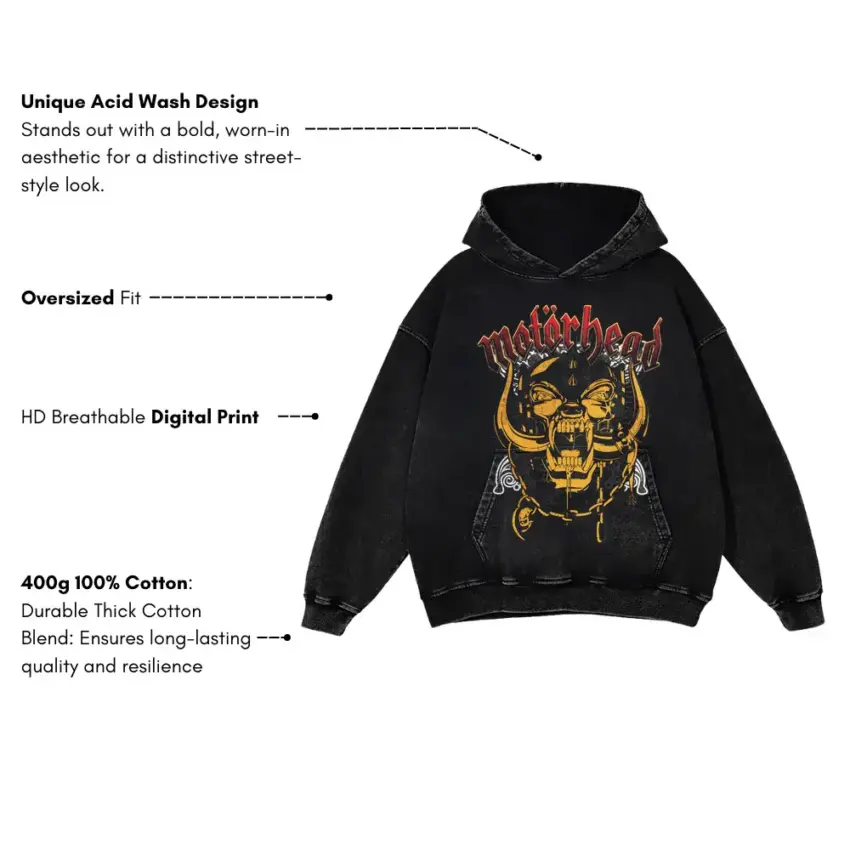 Motorhead Warpig Logo Aicd Wash Oversized Hoodie - Image 5