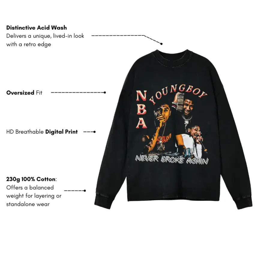NBA Youngboy Never Broke Again Aicd Wash Oversized Long Sleeve Shirt - Image 5