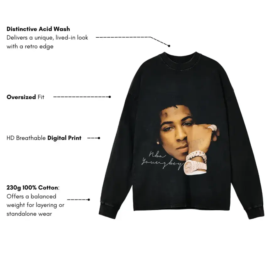 NBA Youngboy Signature Portrait Aicd Wash Oversized Long Sleeve Shirt - Image 5