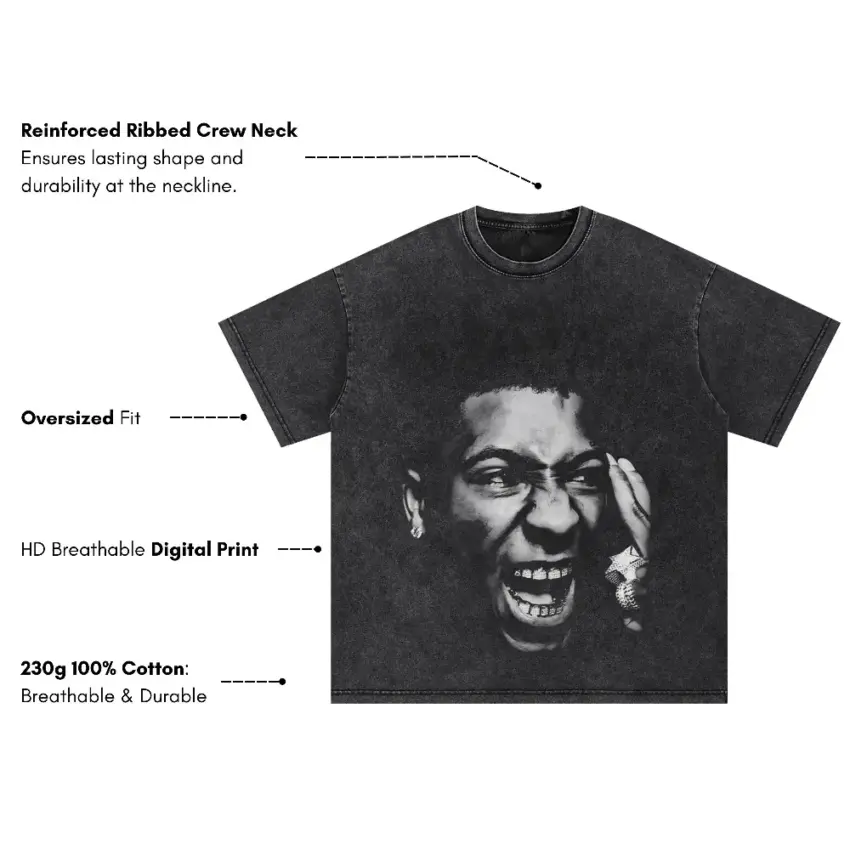 NBA Youngboy Top Portrait Oversized Acid Wash T-shirt - Image 5