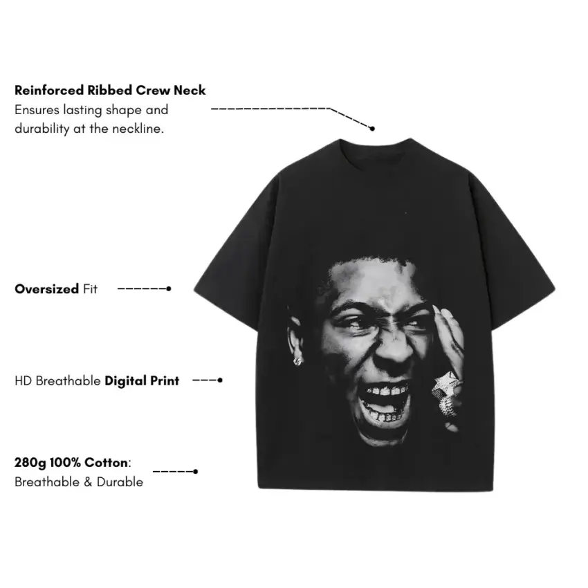NBA Youngboy Top Portrait Heavyweight Oversized Black Graphic Tee - Image 5