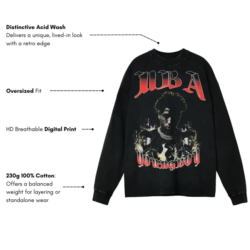 NBA Youngboy Untouchable Aicd Wash Oversized Long Sleeve Shirt - Image 5