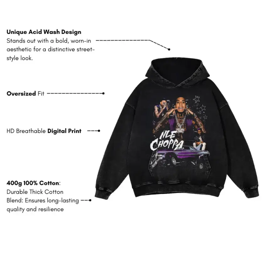 NLE Choppa Shotta Flow Aicd Wash Oversized Hoodie - Image 5