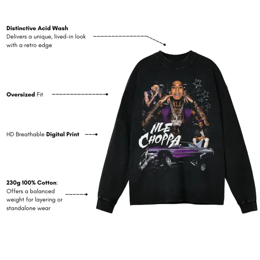 NLE Choppa Shotta Flow Aicd Wash Oversized Long Sleeve Shirt - Image 5