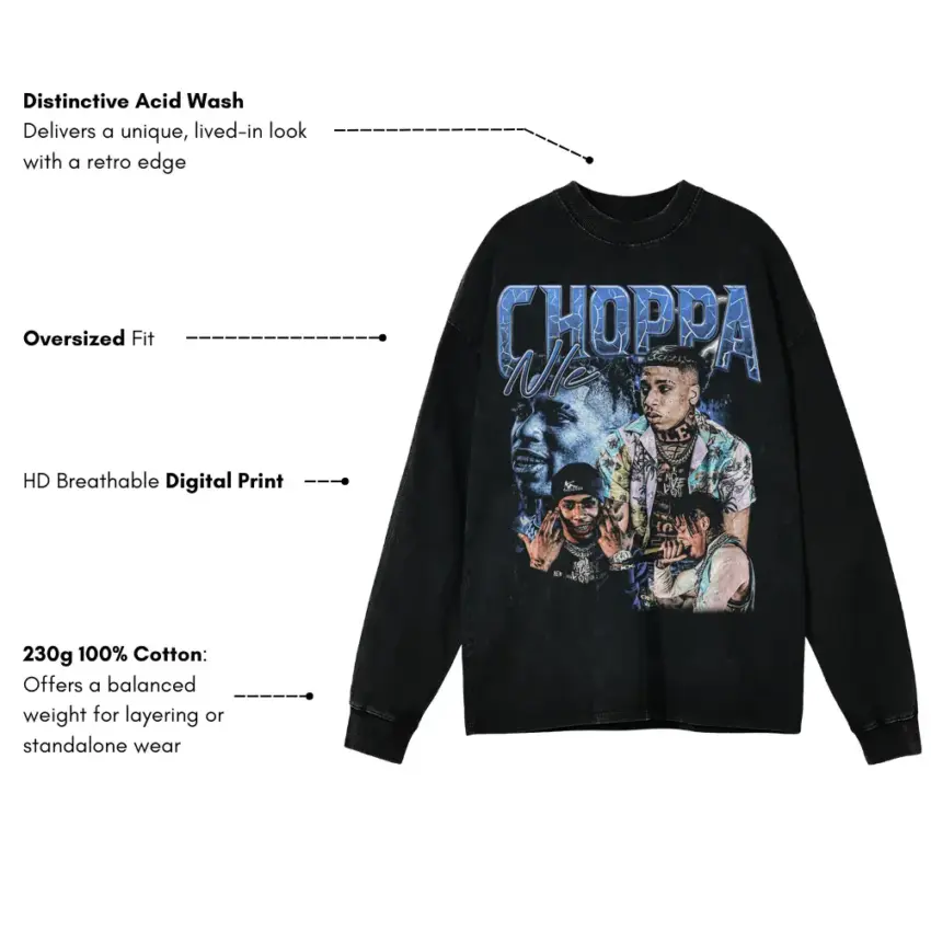 NLE Choppa Top Shotta Aicd Wash Oversized Long Sleeve Shirt - Image 5