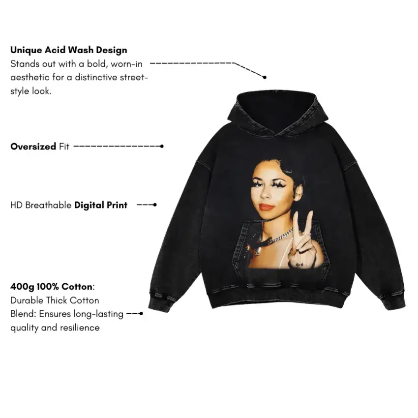 Natti Natasha Peace Sign Aicd Wash Oversized Hoodie - Image 5