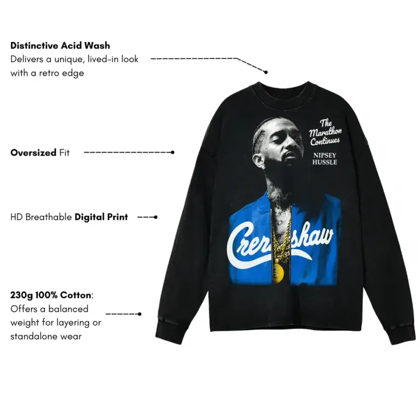 Nipsey Hussle Crenshaw Marathon Aicd Wash Oversized Long Sleeve Shirt - Image 5