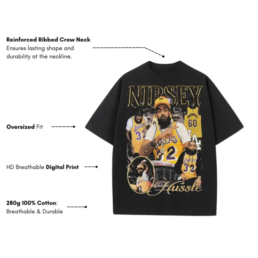 Nipsey Hussle Lakers Tribute Heavyweight Oversized Black Graphic Tee - Image 5