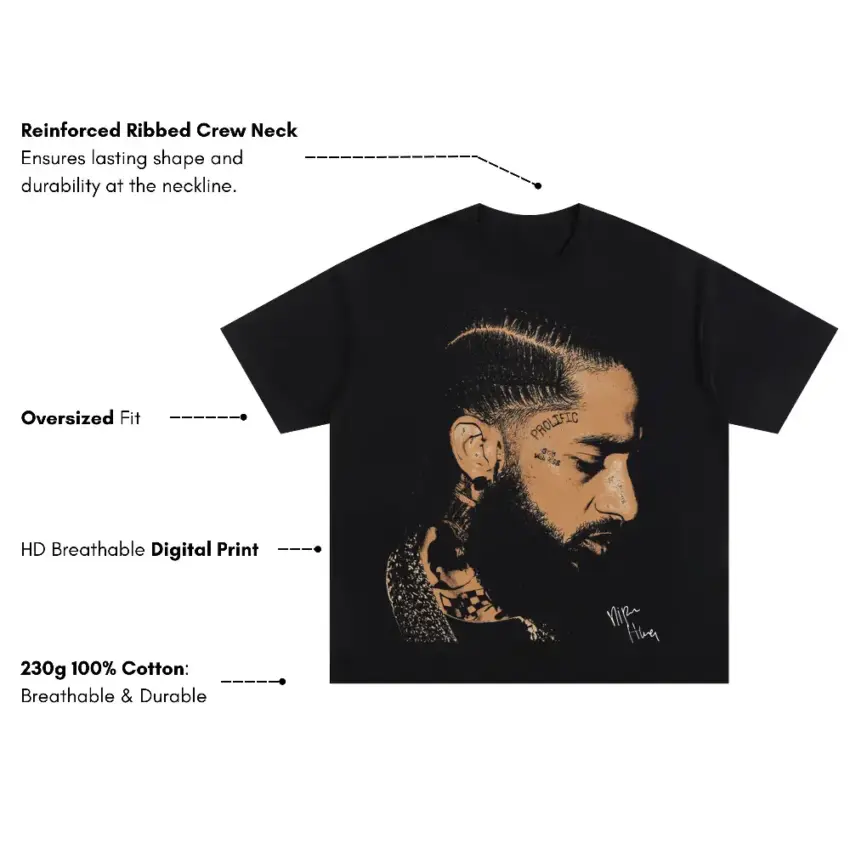 Nipsey Hussle Profile Portrait Oversized Black Graphic Tee - Image 5