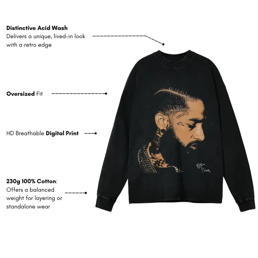 Nipsey Hussle Profile Portrait Aicd Wash Oversized Long Sleeve Shirt - Image 5