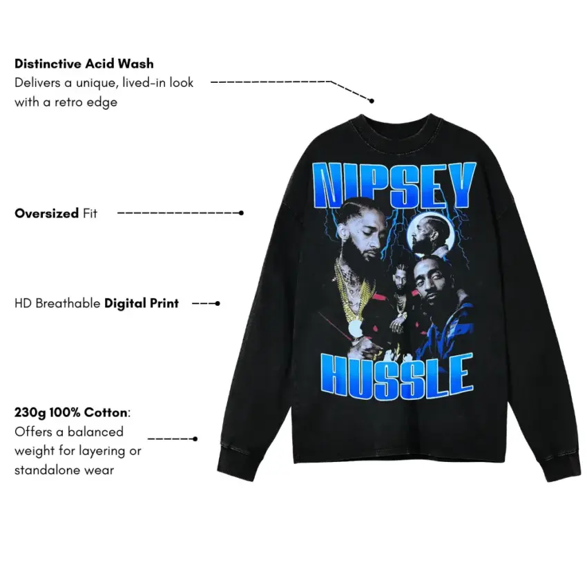 Nipsey Hussle The Great Aicd Wash Oversized Long Sleeve Shirt - Image 5