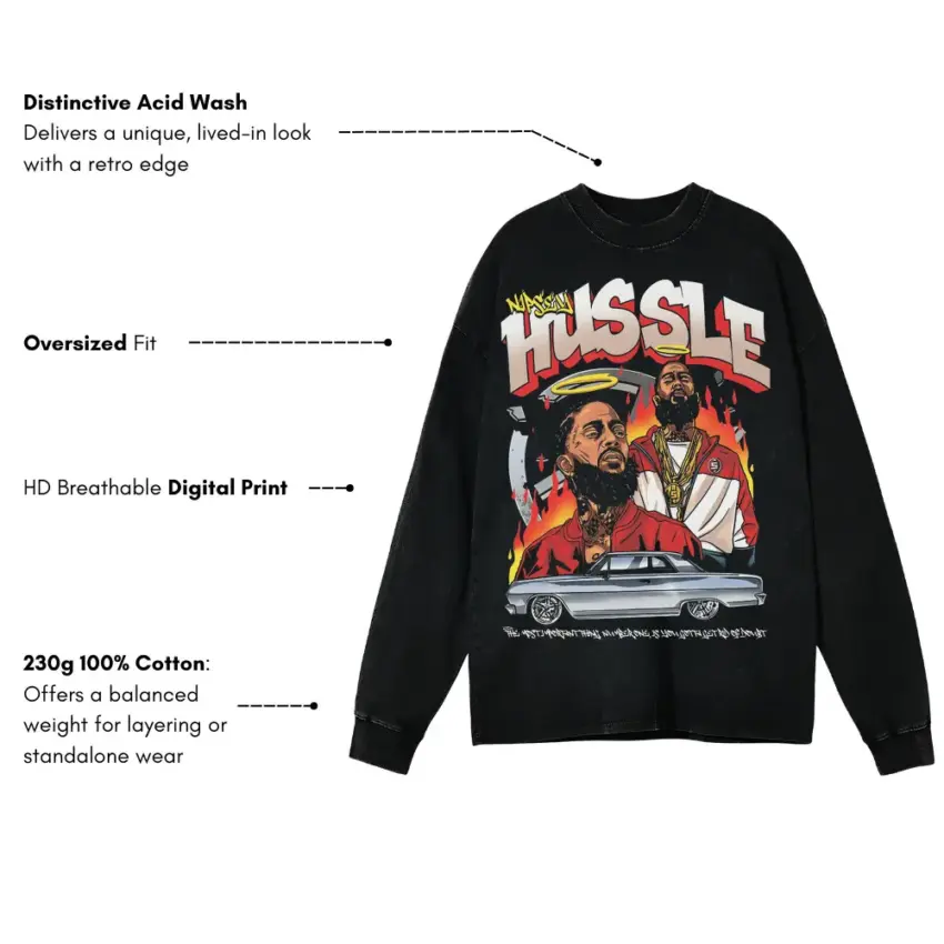 Nipsey Hussle Victory Lap Aicd Wash Oversized Long Sleeve Shirt - Image 5
