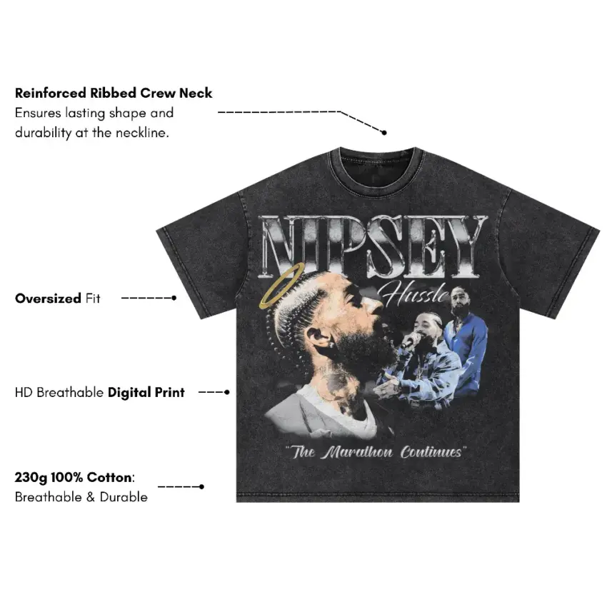 Nipsey The Marathon Continues Oversized Acid Wash T-shirt - Image 5