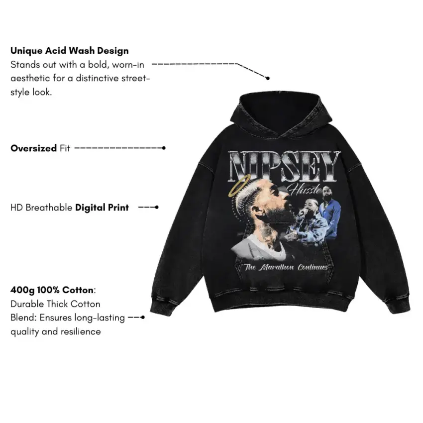Nipsey The Marathon Continues Aicd Wash Oversized Hoodie - Image 5