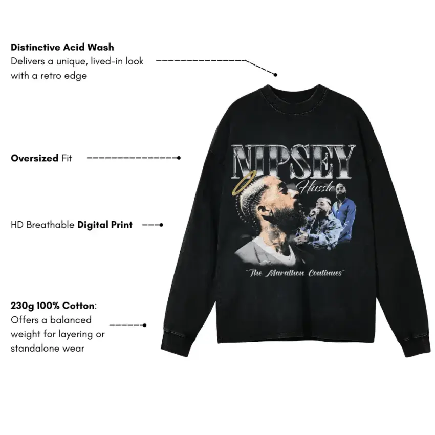 Nipsey The Marathon Continues Aicd Wash Oversized Long Sleeve Shirt - Image 5