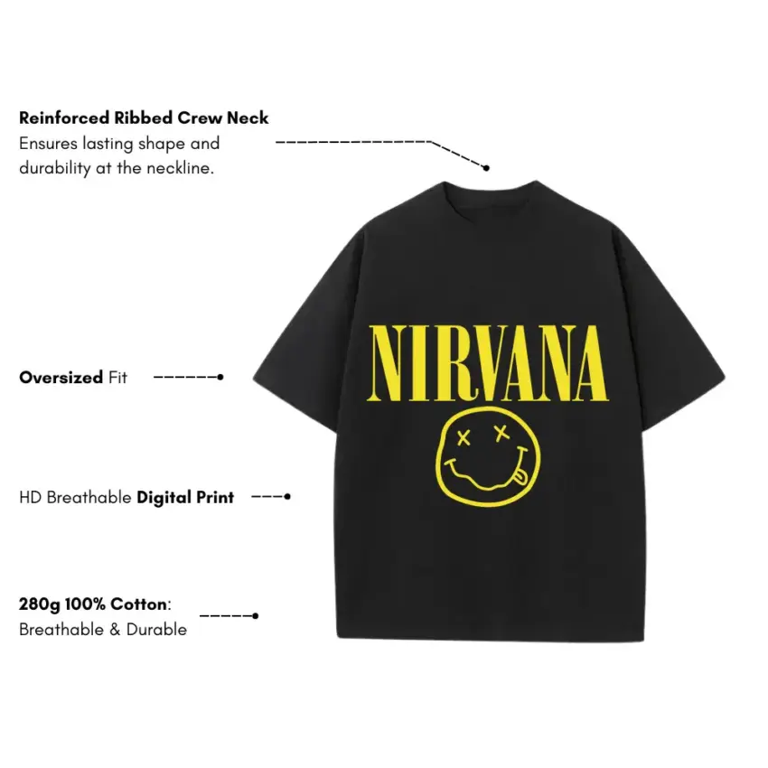 Nirvan Smiley Logo Heavyweight Oversized Black Graphic Tee - Image 5