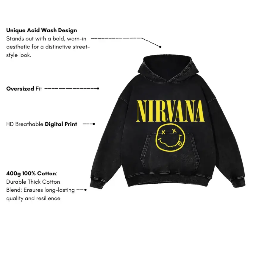 Nirvan Smiley Logo Aicd Wash Oversized Hoodie - Image 5