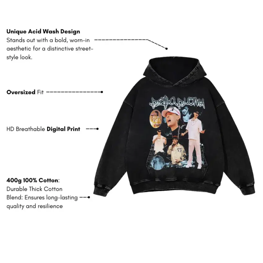 Peso Pluma El Belicon Aicd Wash Oversized Hoodie - Image 5