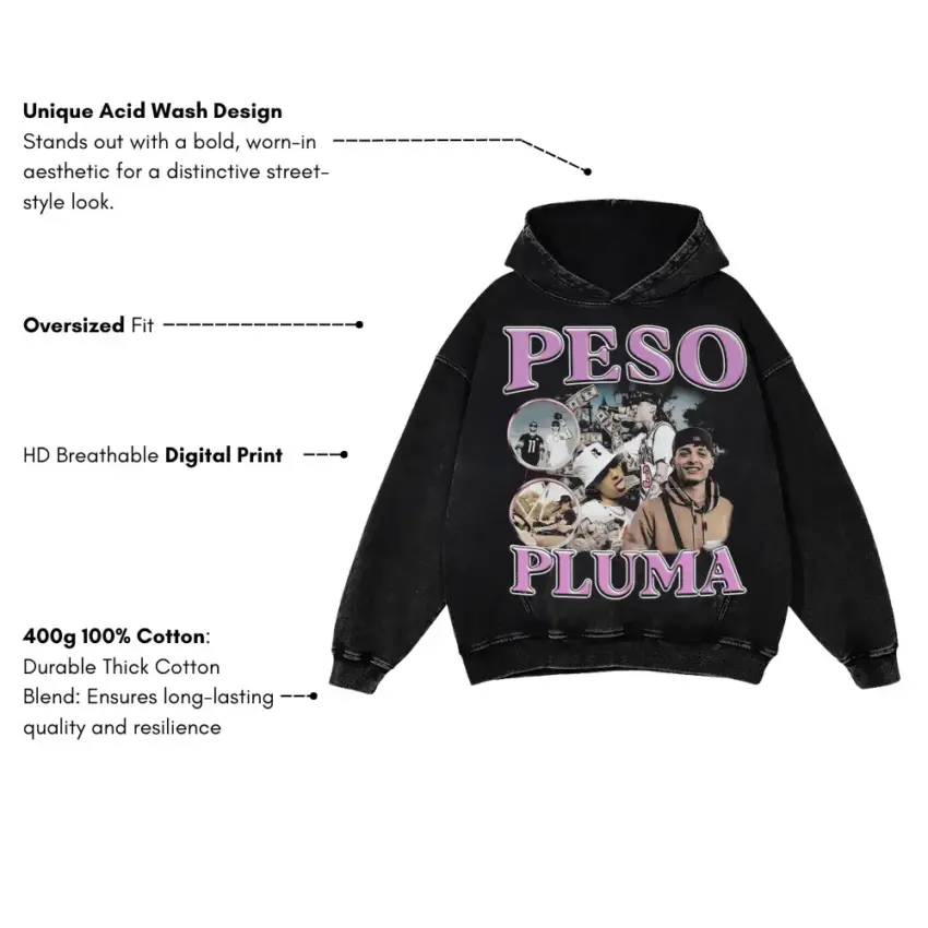 Peso Pluma Monochrome Collage Aicd Wash Oversized Hoodie - Image 5