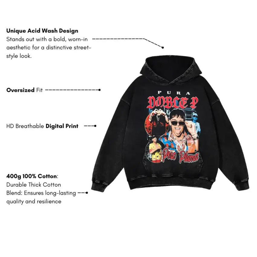 Peso Pluma Pura Doble P Aicd Wash Oversized Hoodie - Image 5