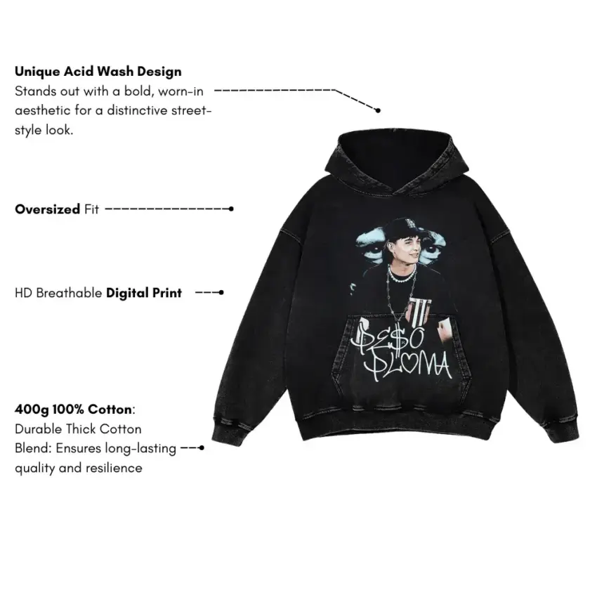 Peso Pluma Signature Portrait Aicd Wash Oversized Hoodie - Image 5