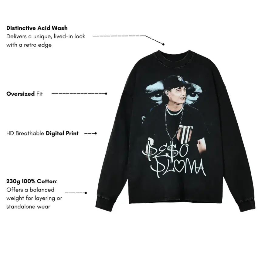 Peso Pluma Signature Portrait Aicd Wash Oversized Long Sleeve Shirt - Image 5