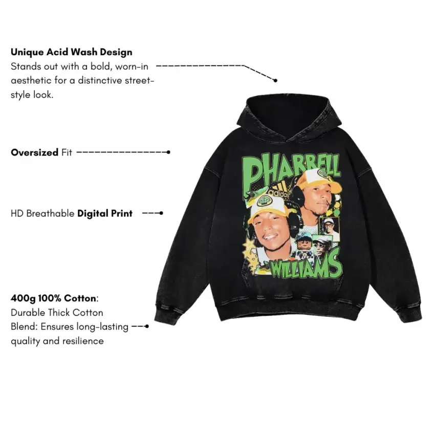 Pharrell Williams Collage Aicd Wash Oversized Hoodie - Image 5