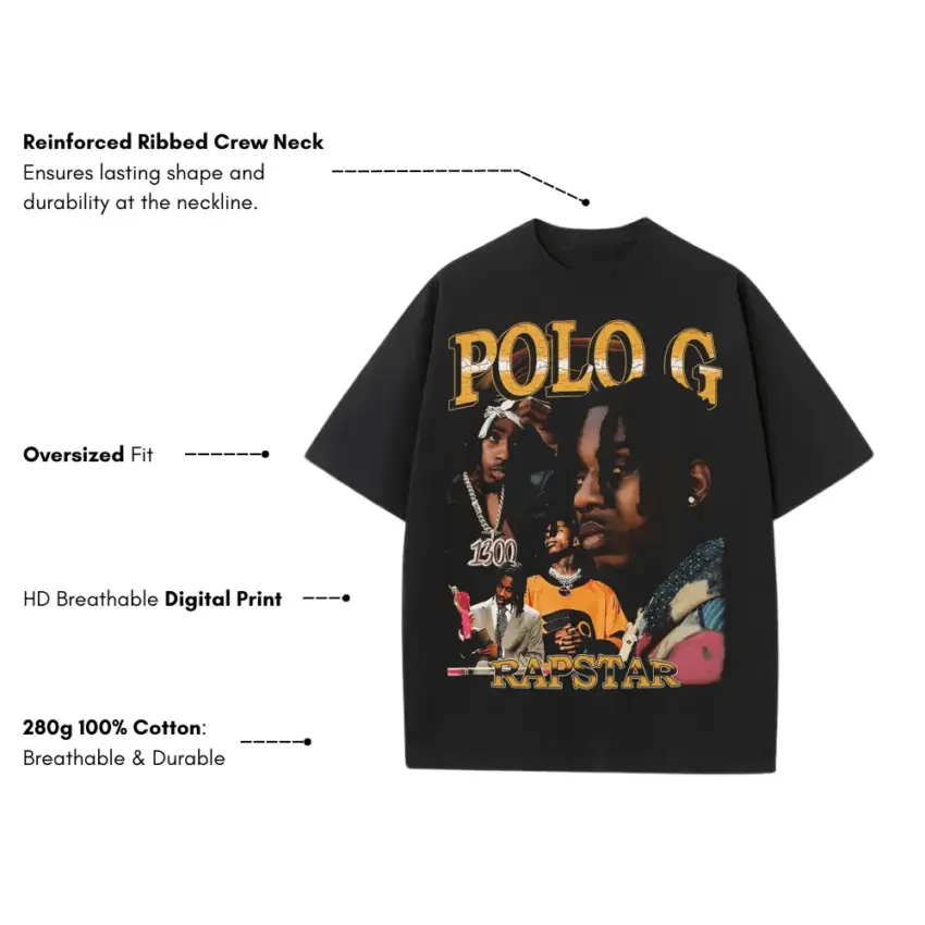 Polo G Hall Of Fame Heavyweight Oversized Black Graphic Tee - Image 5