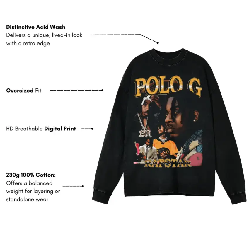 Polo G Hall Of Fame Aicd Wash Oversized Long Sleeve Shirt - Image 5
