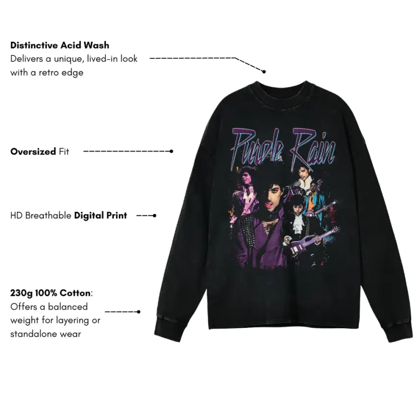Prince And The Revolution Purple Rain Aicd Wash Oversized Long Sleeve Shirt - Image 5