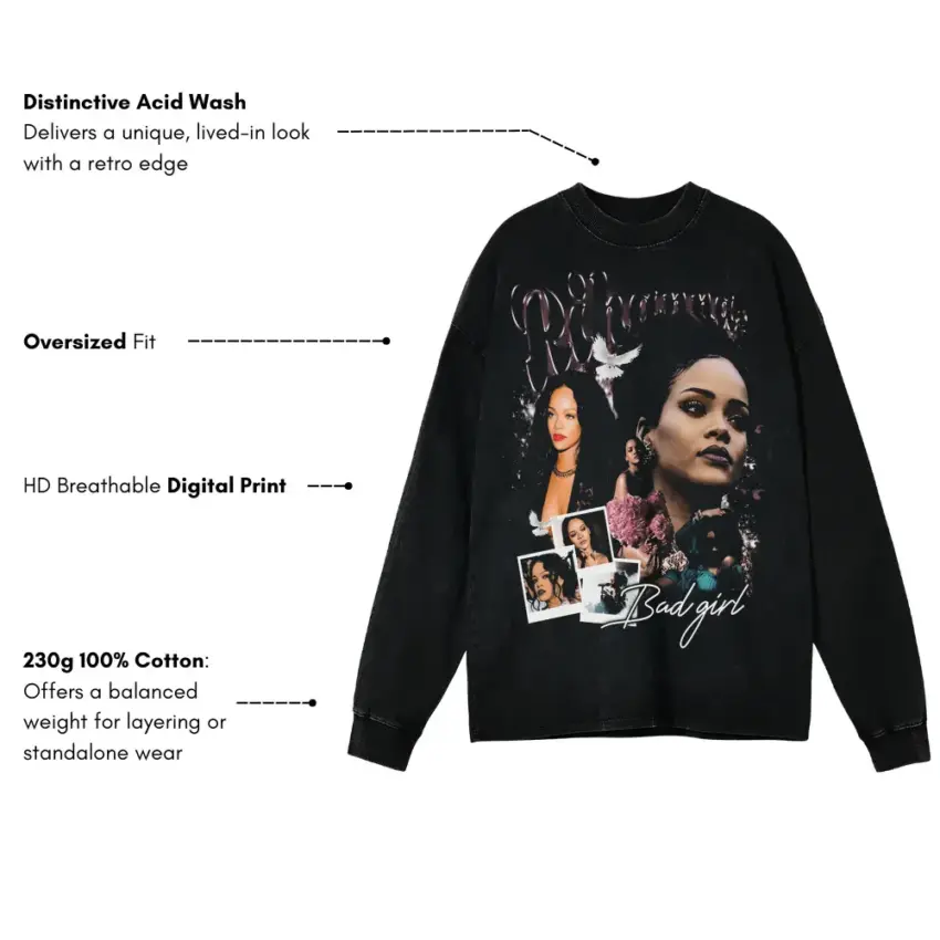 Rihanna Bad Gal Riri Aicd Wash Oversized Long Sleeve Shirt - Image 5