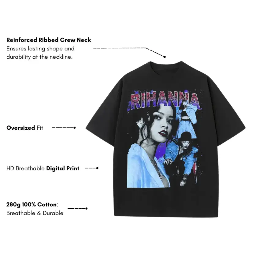 Rihanna Blue Hue Tribute Heavyweight Oversized Black Graphic Tee - Image 5