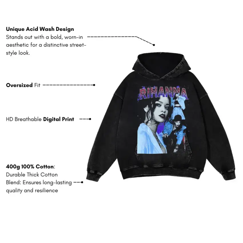 Rihanna Blue Hue Tribute Aicd Wash Oversized Hoodie - Image 5