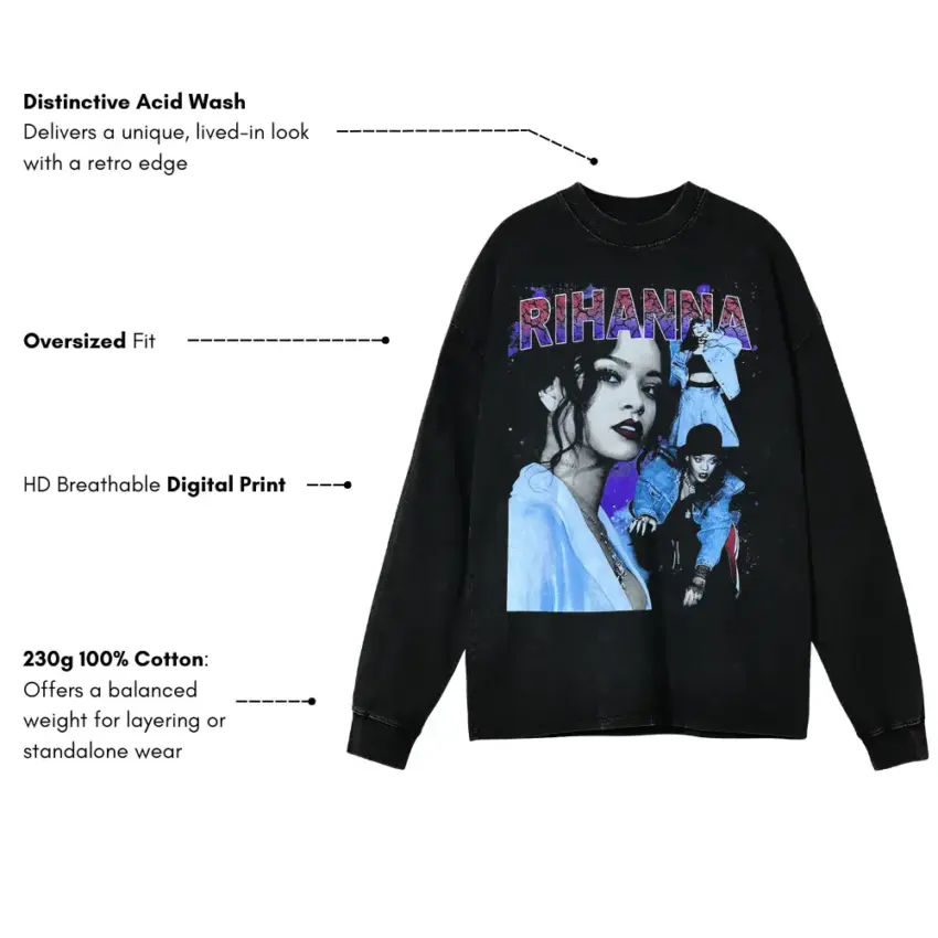 Rihanna Blue Hue Tribute Aicd Wash Oversized Long Sleeve Shirt - Image 5