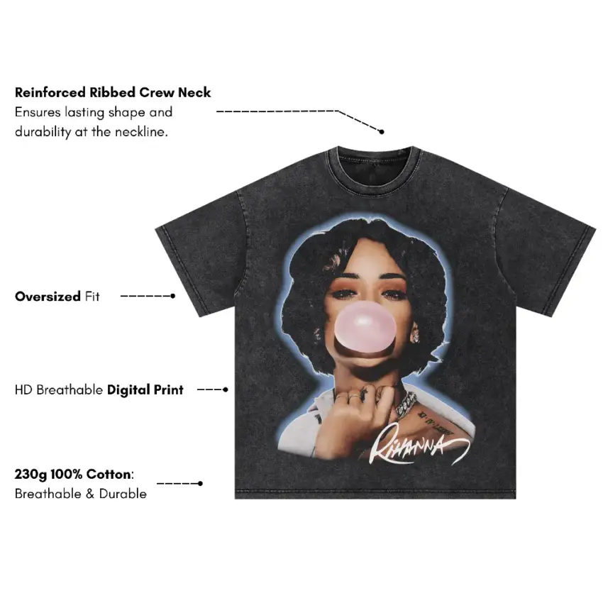 Rihanna Bubblegum Portrait Oversized Acid Wash T-shirt - Image 5