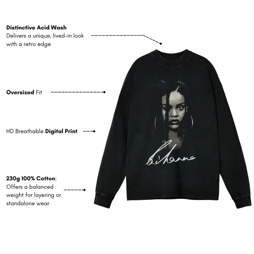 Rihanna Signature Portrait Aicd Wash Oversized Long Sleeve Shirt - Image 5