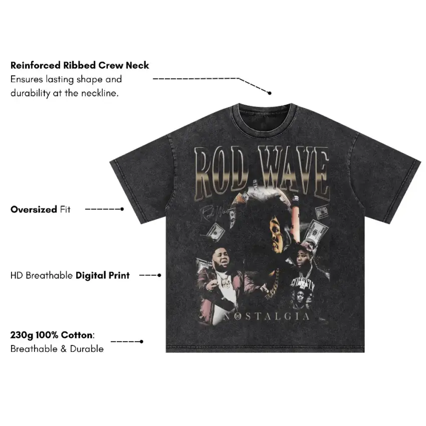 Rod Wave Nostalgia Album Oversized Acid Wash T-shirt - Image 5