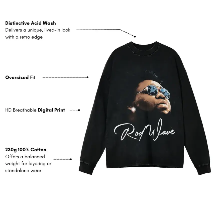 Rod Wave Soulfly Signature Aicd Wash Oversized Long Sleeve Shirt - Image 5