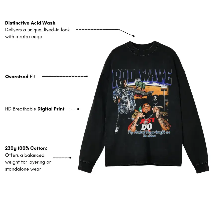 Rod Wave Street Runner Aicd Wash Oversized Long Sleeve Shirt - Image 5
