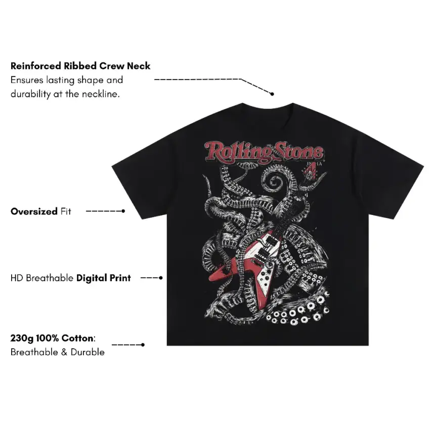 Rolling Stones Octopus Oversized Black Graphic Tee - Image 5