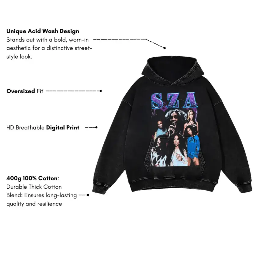 SZA Blue Dream Collage Aicd Wash Oversized Hoodie - Image 2