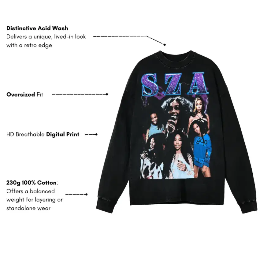 SZA Blue Dream Collage Aicd Wash Oversized Long Sleeve Shirt - Image 5
