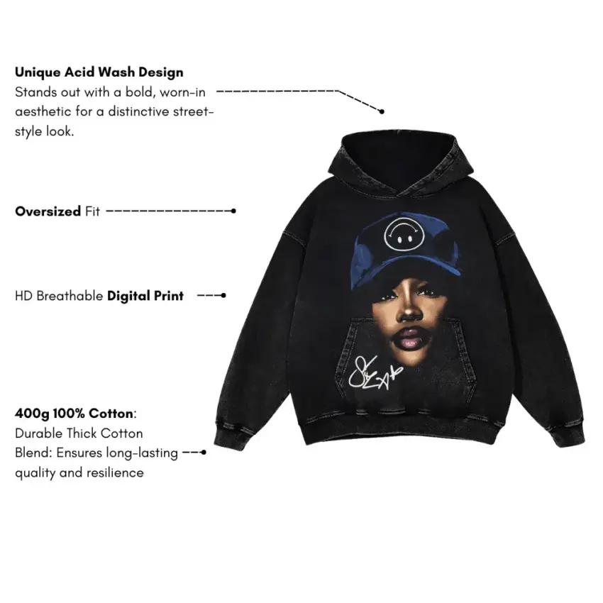 SZA Blue Hat Signature Aicd Wash Oversized Hoodie - Image 5