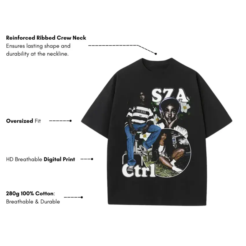 SZA Ctrl Collage2 Heavyweight Oversized Black Graphic Tee - Image 5