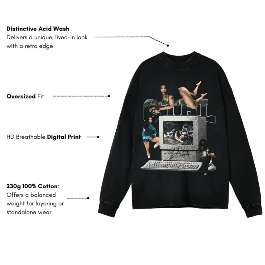 SZA Ctrl Collage Aicd Wash Oversized Long Sleeve Shirt - Image 5