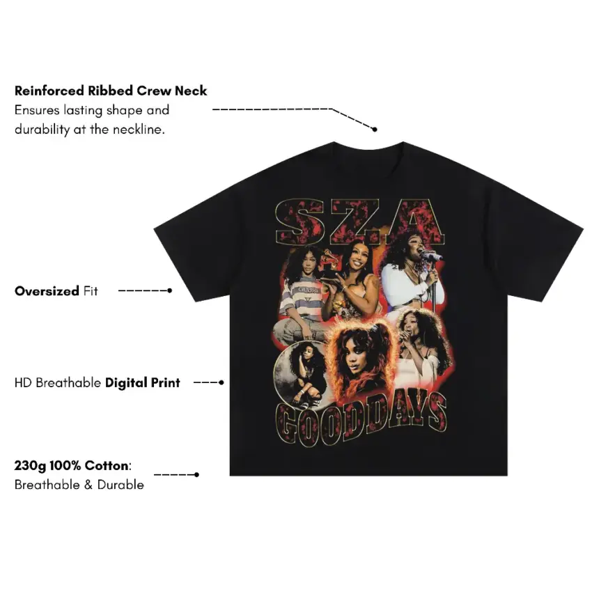 SZA Good Days Collage Oversized Black Graphic Tee - Image 5