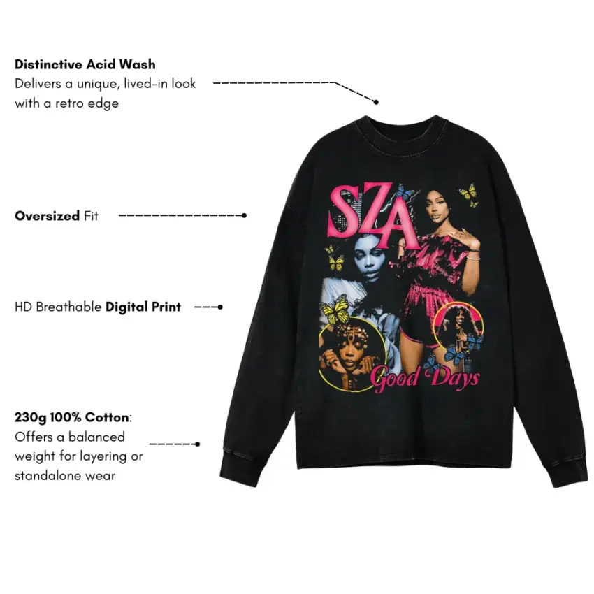 SZA Good Days Retro Aicd Wash Oversized Long Sleeve Shirt - Image 5