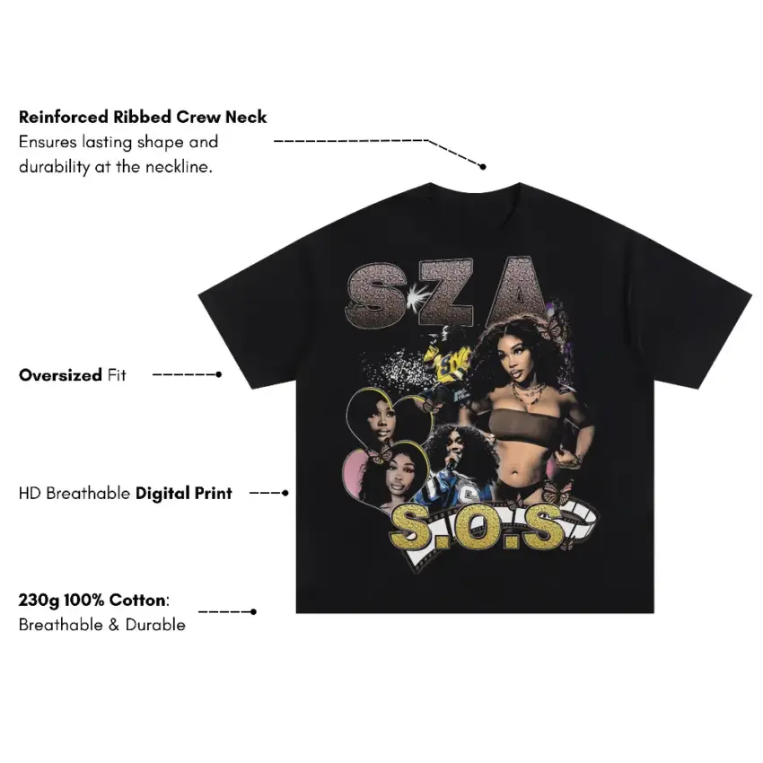 SZA SOS Album Tribute Oversized Black Graphic Tee - Image 2